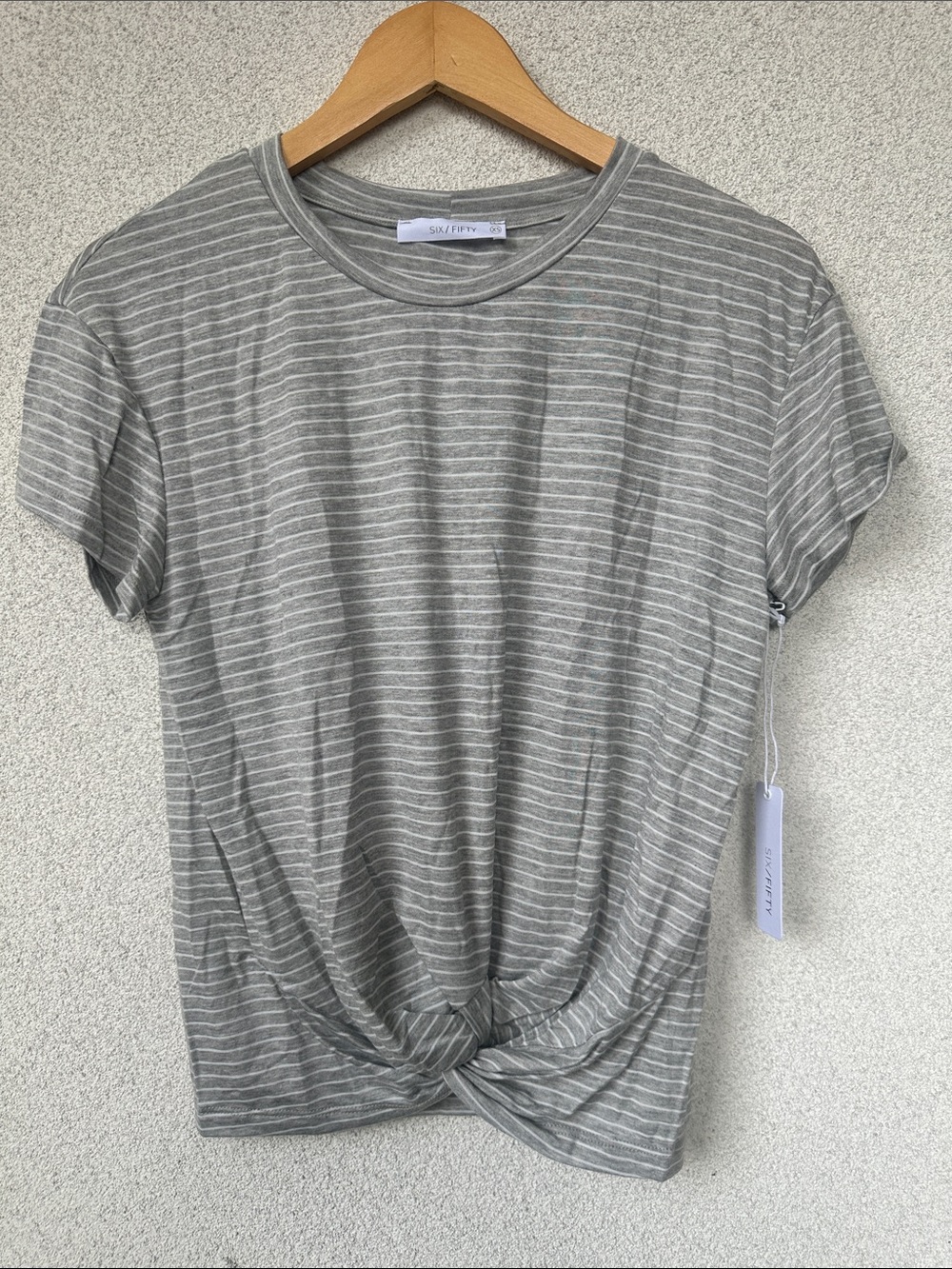 Six/Fifty Gray Stripe Twist Hem Tee | Short Sleeve | Knot Front Detail | NWT, XS